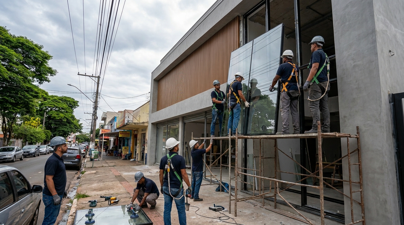 Fachada de vidro com andaime lateral em Londrina-PR