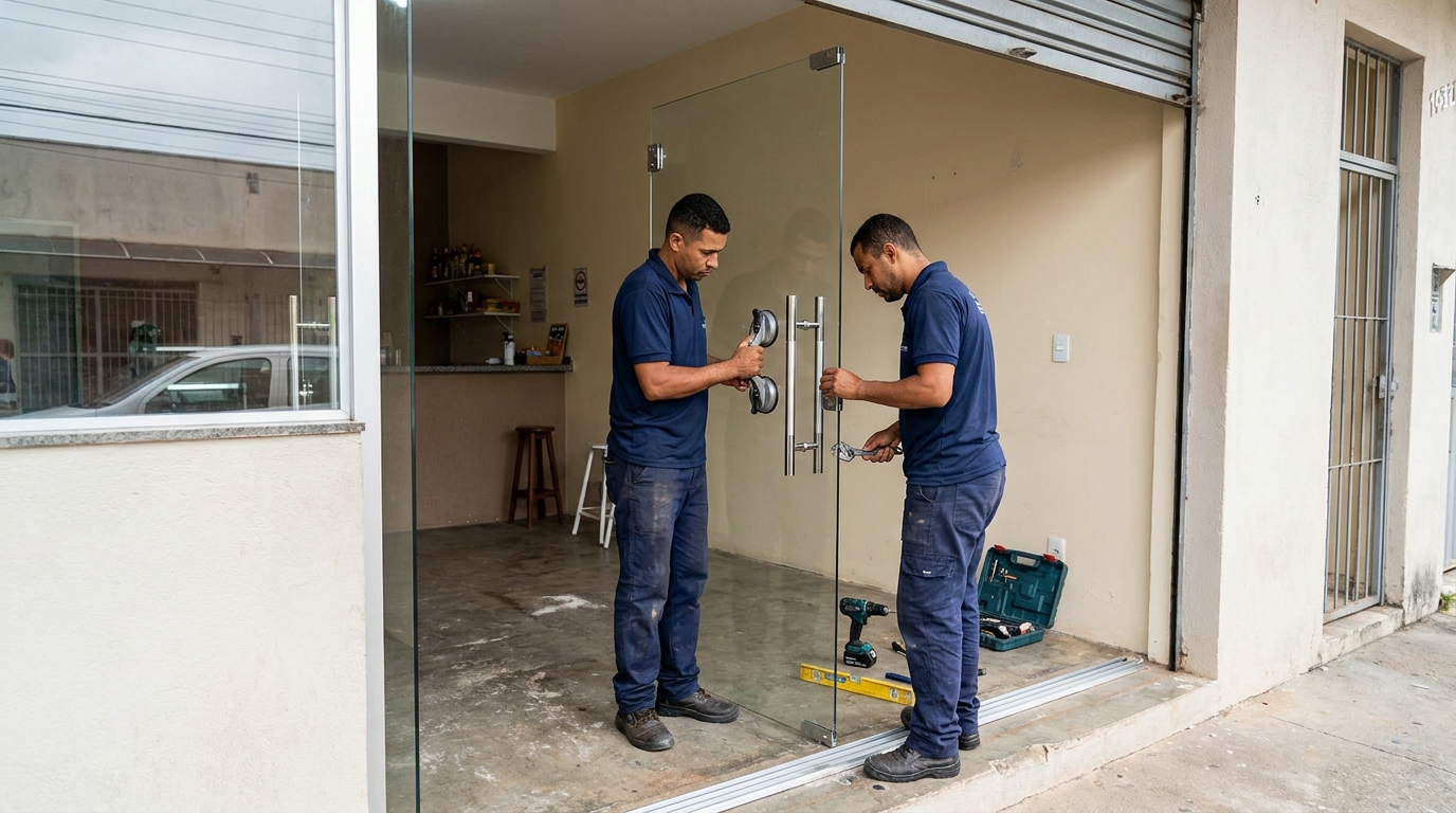 Dupla instalando porta de vidro em loja em Londrina-PR